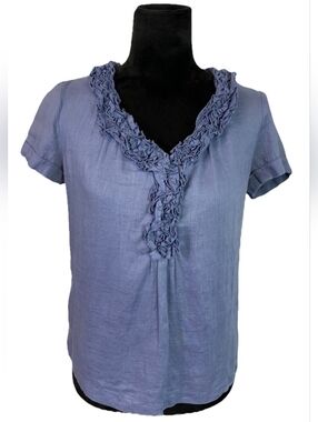 Talbots 100 % Linen Lavender-Blue Gray Grey Ruffle Neck Short Sleeve Top Size 6